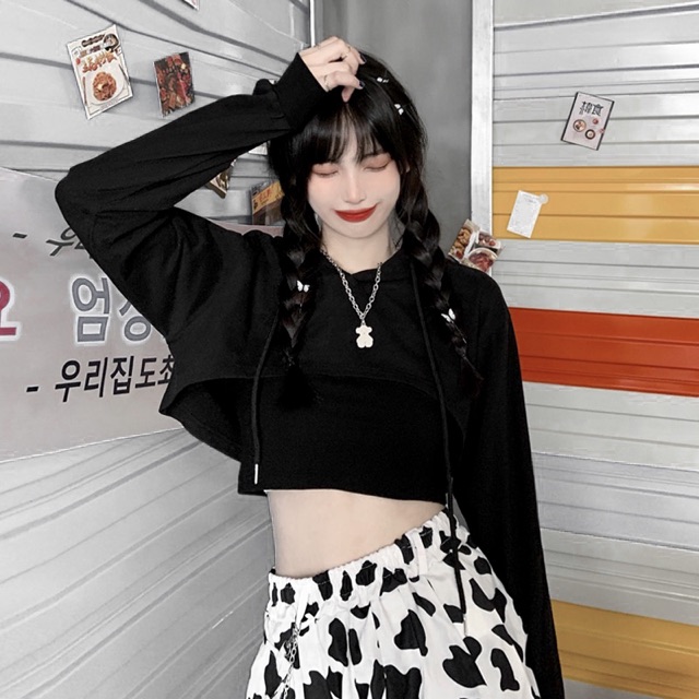 Ao croptop mũ mix áo hai dây len nỉ hàng quảng châu CT003