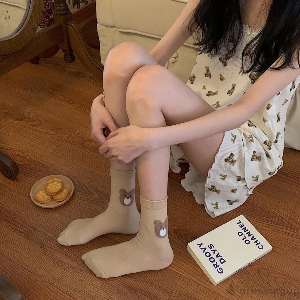 Vớ cotton mềm mại in họa tiết gấu hoạt hình dễ thương nhiều màu tùy chọn cho nữ