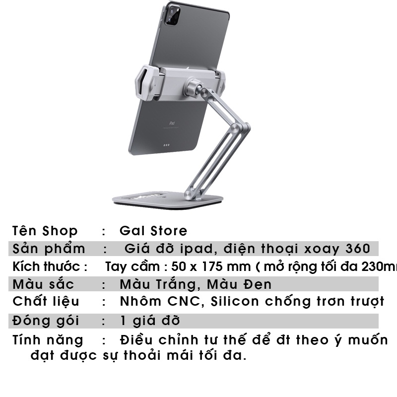 Giá Đỡ Kệ Ipad Máy Tính Bảng 3 Khớp Xoay 360 độ Gấp Gọn Đa Năng – Kệ Silicon đa điểm chống xước hợp kim nhôm cao cấpo