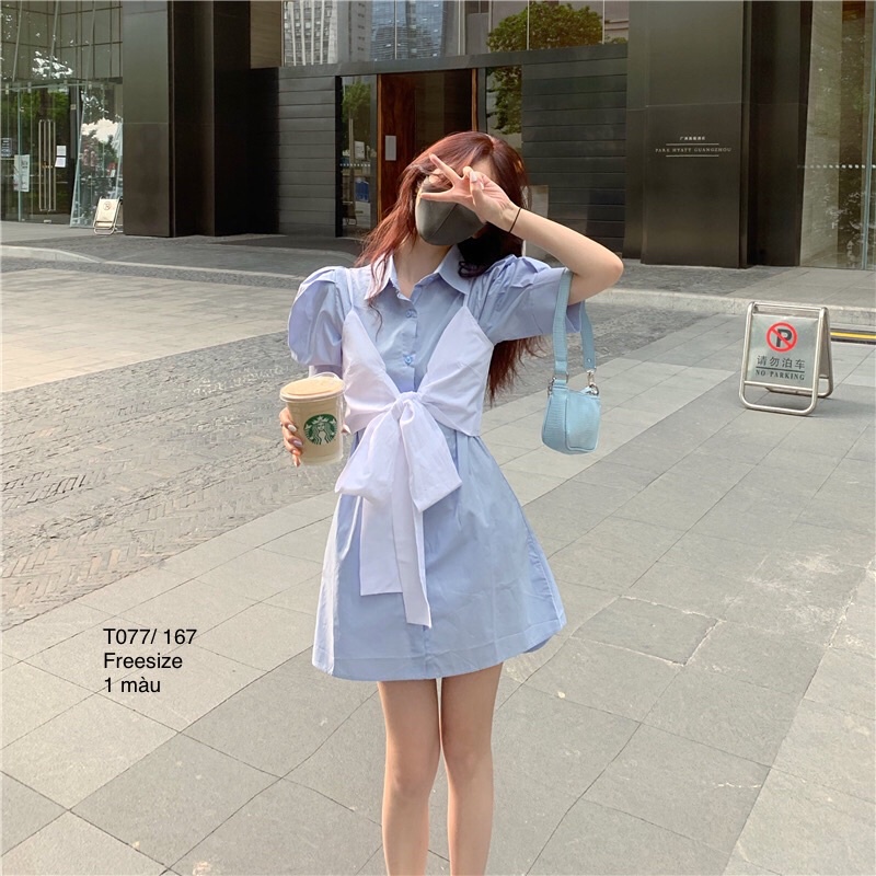 🌱 Váy sơ mi oversize giả set phối vạt buộc style Hàn quốc