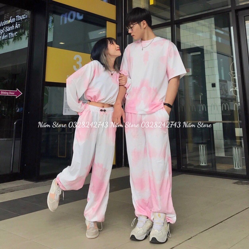 Set đồ đôi couple nam nữ - Set áo croptop loang tay dài bo eo + Quần jogger loang dài ống rộng dây rút