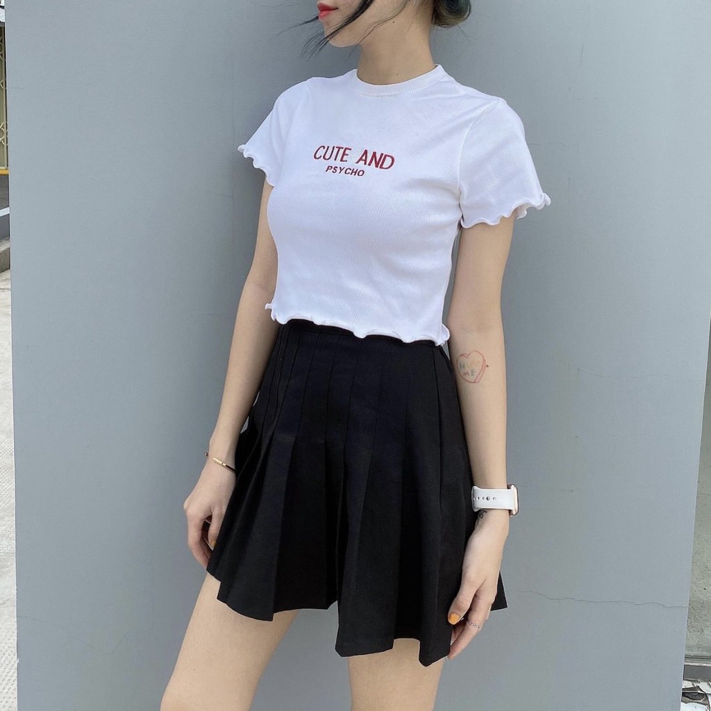 [Mã FAMAYWA giảm 10K đơn 50K] Áo croptop thun gân viền bèo Cute and psycho, Áo croptop thun gân viền bèo cute | BigBuy360 - bigbuy360.vn