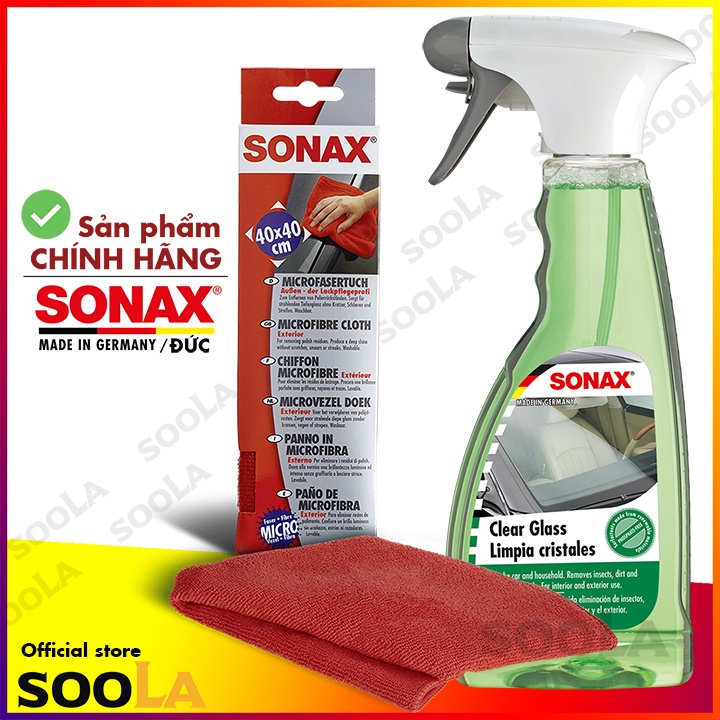 Bộ Nước lau kính và khăn siêu sợi chống xước SONAX Chính Hãng Clear Glass và SONAX-Fibre 338241-416200