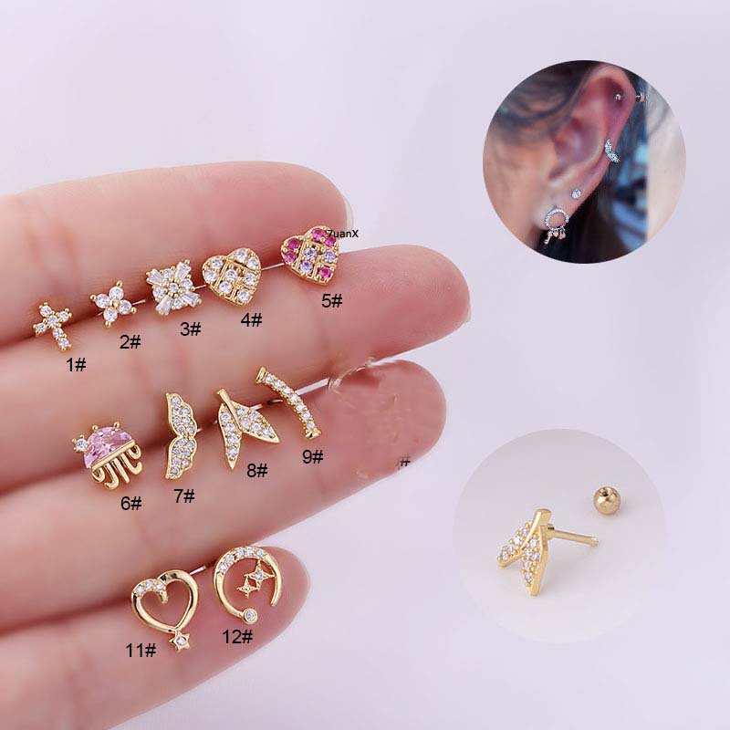 1 Khuyên tai hình trái tim / đuôi cá / chữ thập bằng thép không gỉ đính đá xinh xắn