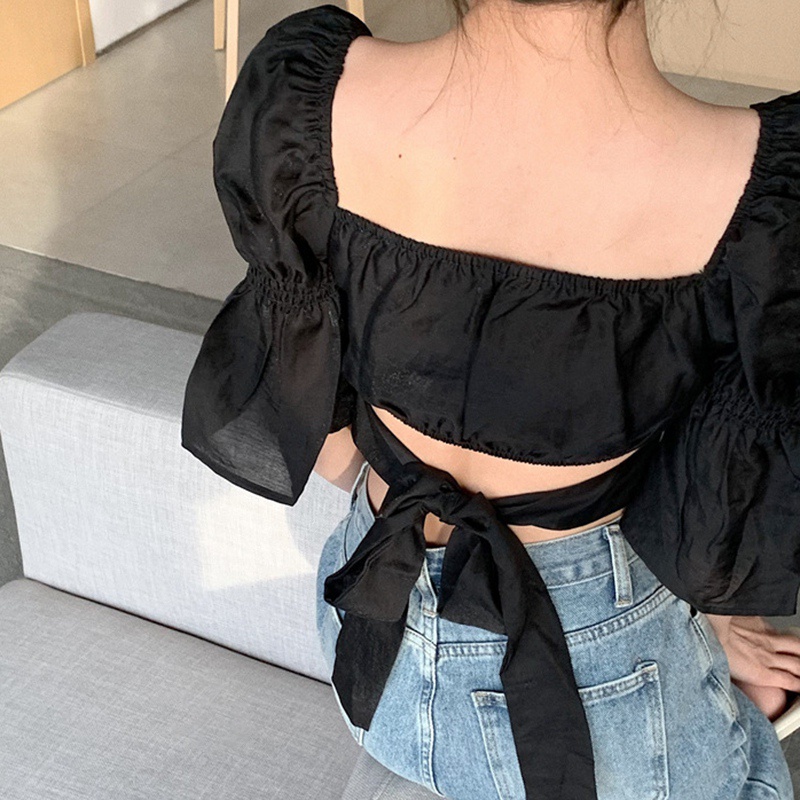 Áo Croptop Cổ Vuông Màu Trơn Phối Nơ Sau Lưng Thiết Kế Quyến Rũ Cho Nữ