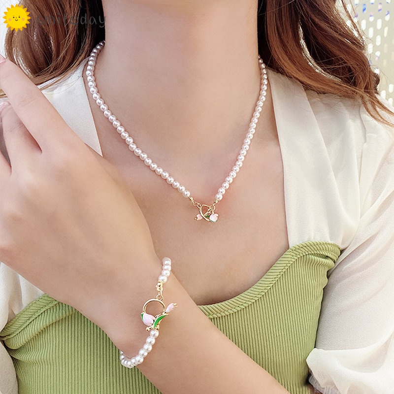 Vòng Tay Chuỗi Hạt Ngọc Trai Màu Hồng / Vàng Hình Hoa Thanh Lịch Cho Nữ