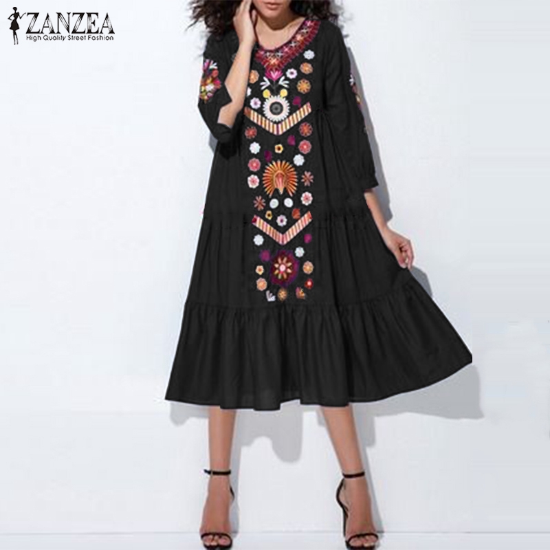 Đầm maxi ZANZEA dài tay cổ tim phong cách Bohemian dành cho nữ | BigBuy360 - bigbuy360.vn