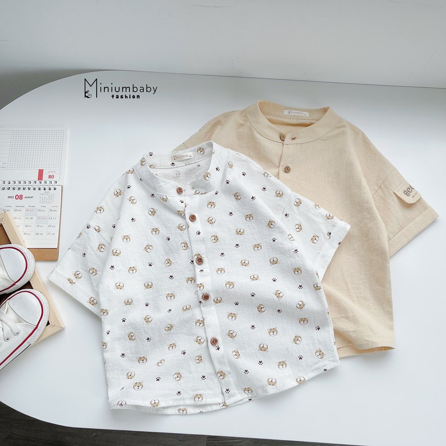 Áo sơ mi thô boi cộc tay mùa hè cho bé trai họa tiết hổ, gấu miniumbabyfashion A1215