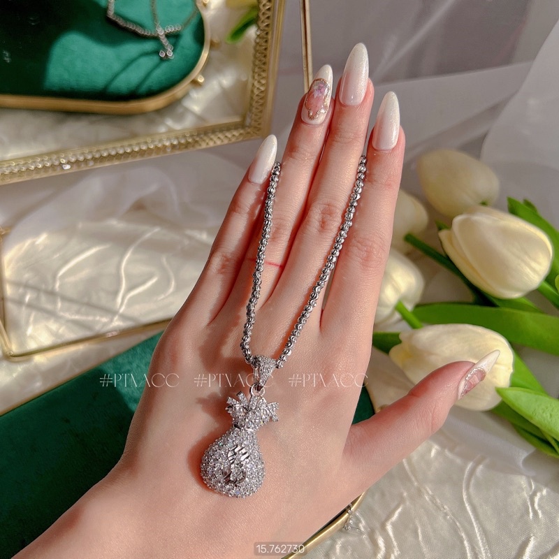 Bộ trang sức bông tai, dây chuyền xi bạch kim túi tài lộc .PTNACC.