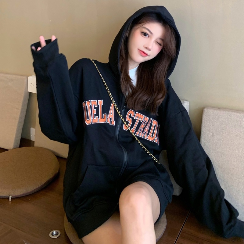 SUXI Áo Hoodie Dáng Rộng Dây Khóa Kéo Thêu Họa Tiết Phong Cách Hàn Quốc Dành Cho Bạn Nữ