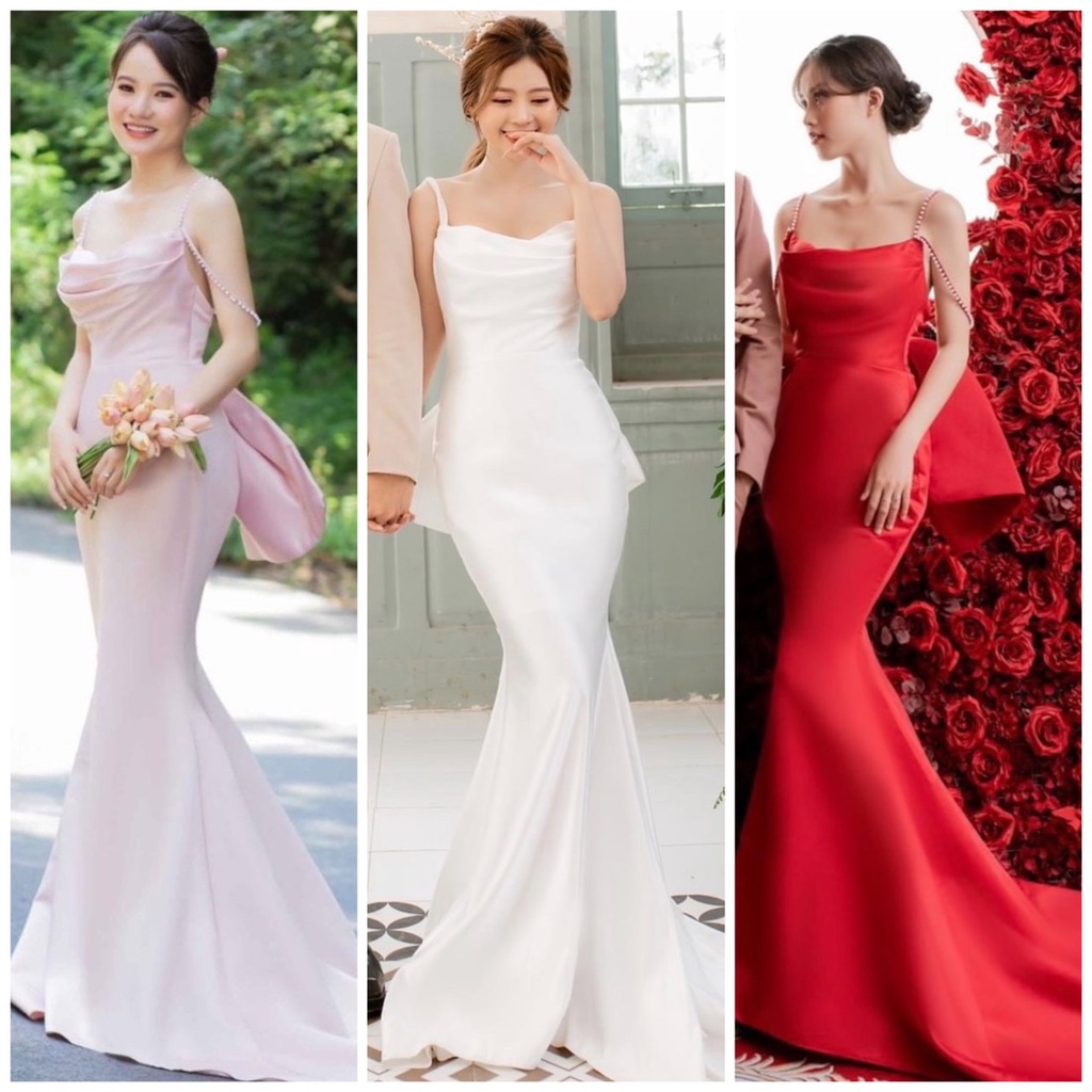Đầm váy dạ hội, cô dâu đi bàn body đuôi cá 2 dây ngọc cổ đổ nơ lưng