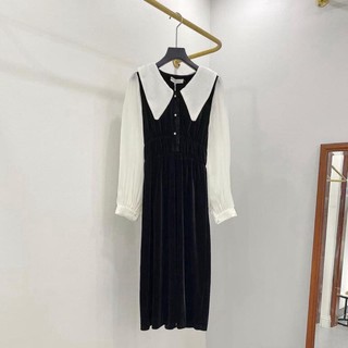 QQ Váy nhung phối tay lụa cổ sen hàng QC QQ