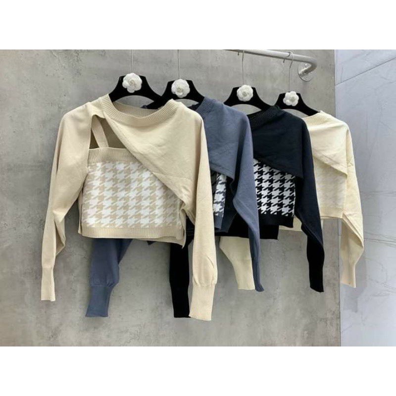 Set len hai món áo 2 dây kèm áo khoác ngoài họa tiết caro zik zắc 4 màu