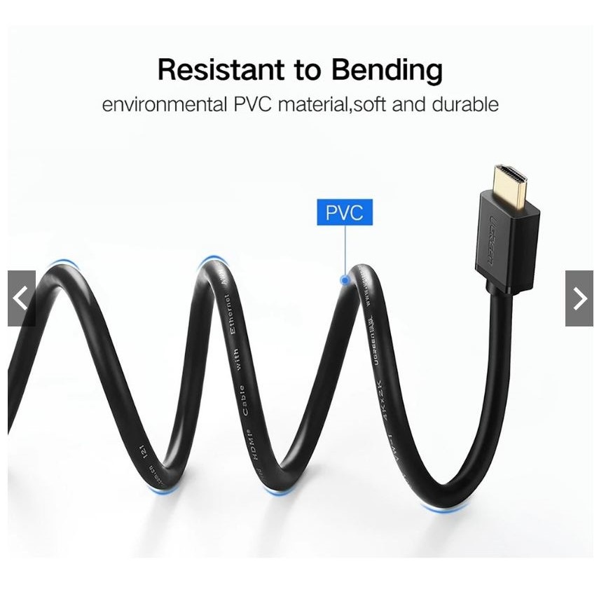Dây cáp HDMI 2.0 Ugreen tròn dẻo, mạ vàng, chống đứt, 1080x1920p