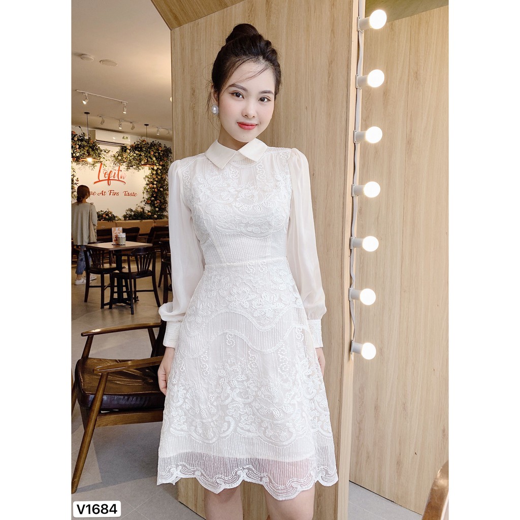 Váy ren kem tay dài cổ đức V1684  - ĐẸP SHOP DVC ( Ảnh mẫu và ảnh trải sàn do shop tự chụp ) | BigBuy360 - bigbuy360.vn