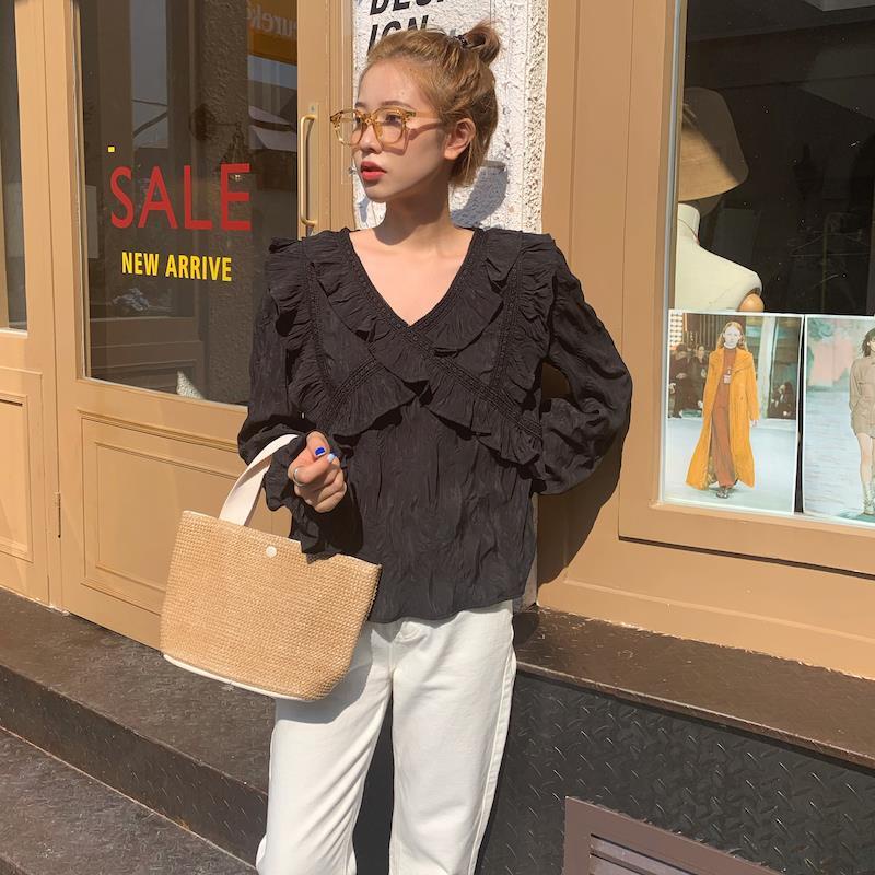 Áo Sơ Mi Tay Dài Cổ Chữ V Dáng Rộng Xếp Ly Thời Trang Mùa Thu Hàn Quốc Mới