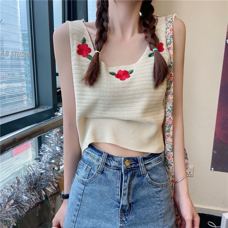 Thêu Áo hai dây Dệt Kim Nữ Phong Cách Mùa Hè Mới