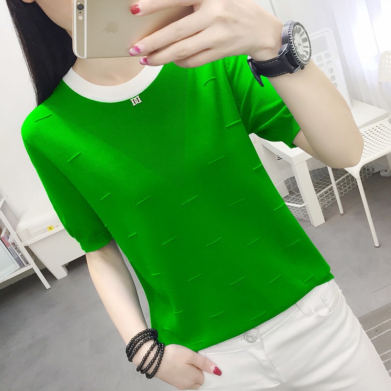 Áo Thun Dệt Kim Mỏng Tay Ngắn Cổ Tròn Thời Trang Mùa Hè Cho Nữ