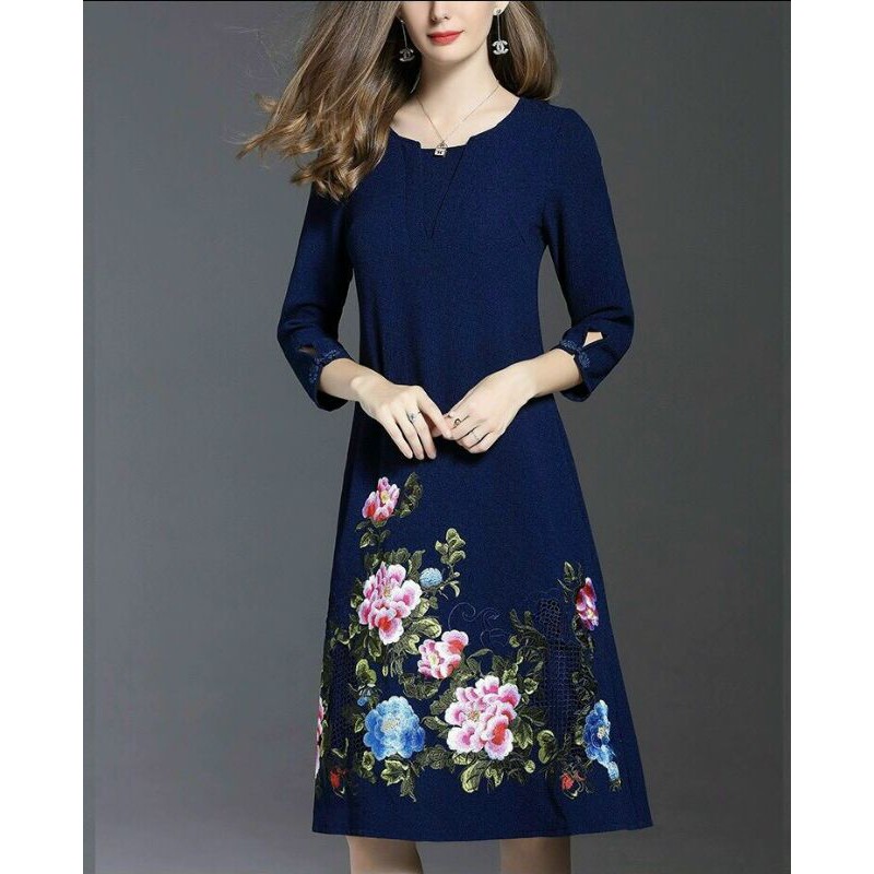 HÀNG NHẬP - ĐẦM SUÔNG XÔ THÊU HOA TAY DÀI