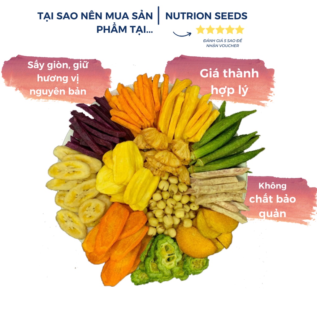 Trái cây sấy thập cẩm Nutrion hũ và túi nguyên miếng hàng xuất khẩu chất lương cao ăn vặt dinh dưỡng