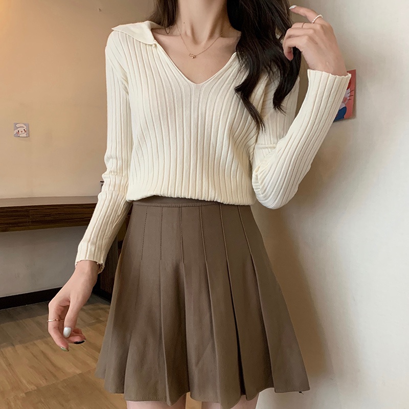 Áo kiểu ZHELIHANGFEI vải dệt kim tay dài cổ polo dáng ôm thời trang cá tính cho nữ