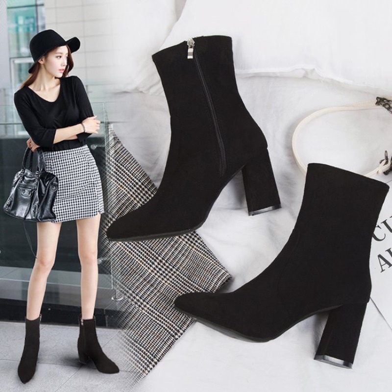 BEESHOES - BOOT DA MỀM MŨI VUÔNG - BOOT ĐẾ TRỤ CAO 7CM CÓ SẴN MÀU ĐEN 220105