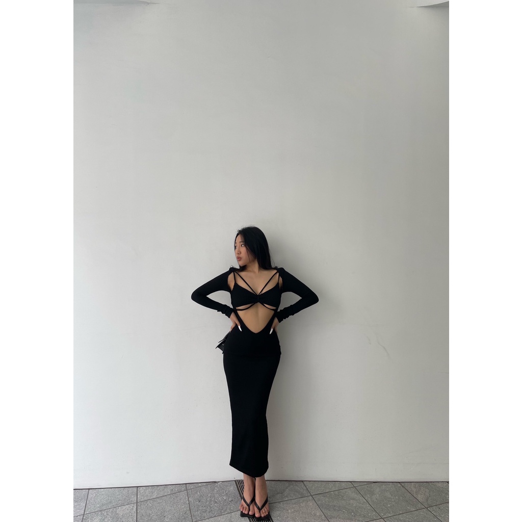 Đầm cut out midi tay dài BUTTERFLY - Tipblu