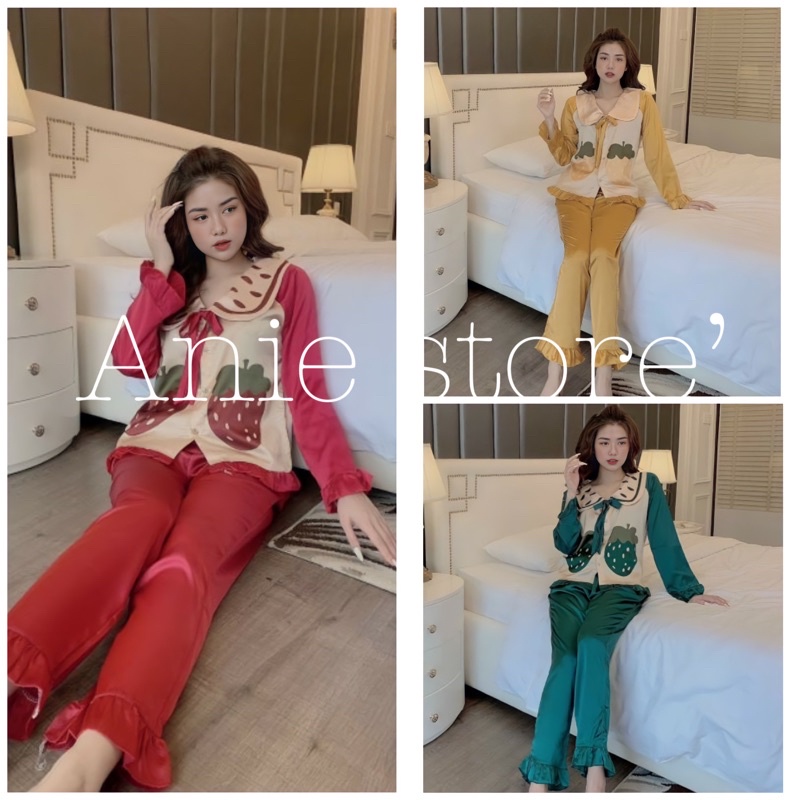 Bộ Pijama Lụa Satin Dài Tay Họa Tiết In 5D 🦋 Set Ngủ Nữ Viền Bèo 4 Màu 🦋