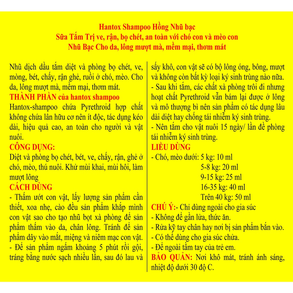 Sữa tắm trị ve, rận, bọ chét, ghẻ trên Chó Mèo Pet Thú Cưng HANTOX SHAMPOO Nhũ bạc Chai 200ml Sx tại Hanvet VN