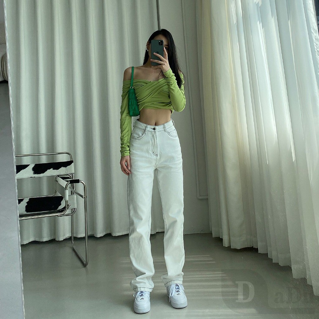 Daduhey Quần Jeans Dài Lưng Cao Ống Rộng Thời Trang Hàn Cá Tính Cho Nữ