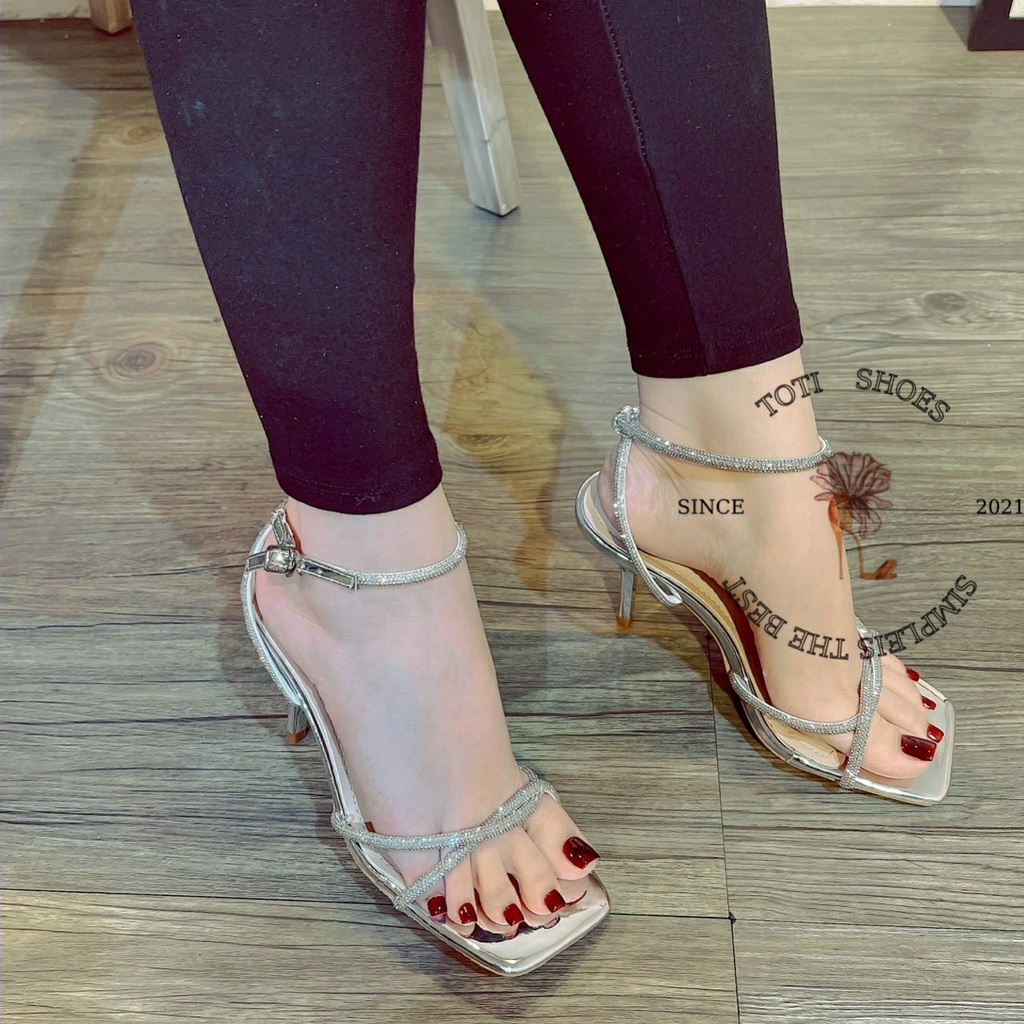 GIÀY CAO GÓT TOTIIE SHOES - GUỐC THỜI TRANG QUAI NGANG MẢNH ĐÁ - SANDAL NỮ MŨI VUÔNG GÓT NHỌN 9 PHÂN G2012540