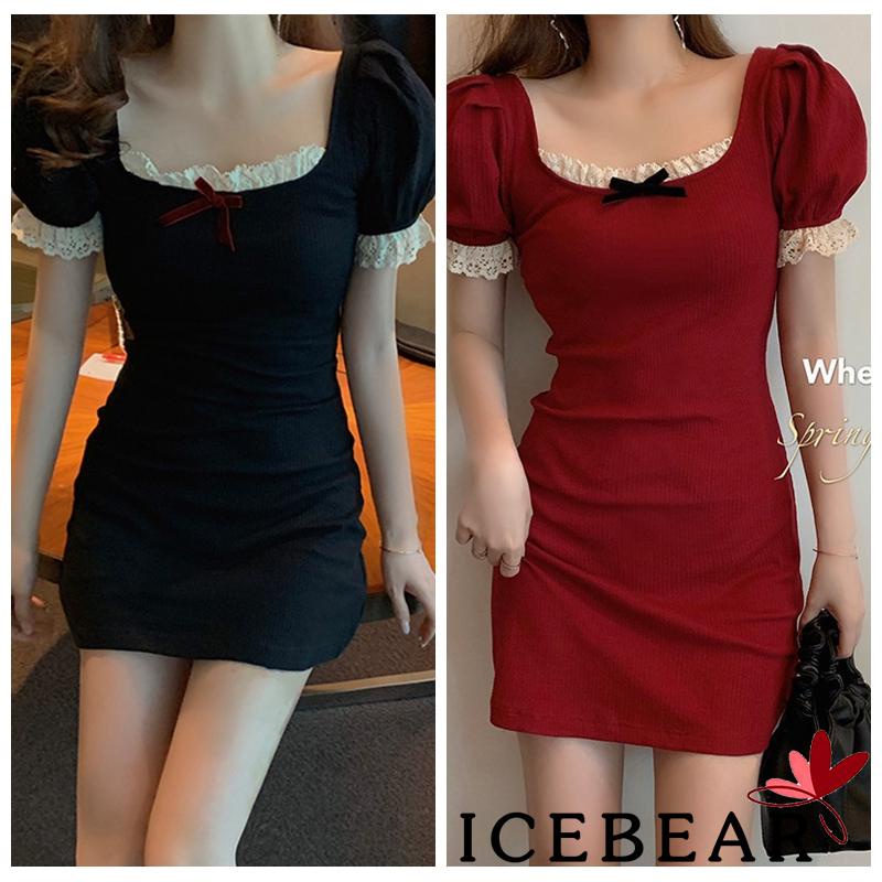 Đầm Tay Phồng Cổ Vuông Phối Ren Đính Nơ Thời Trang Cho Nữ