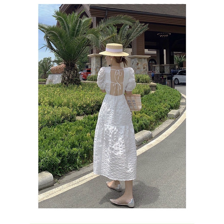 đầm tiểu thư maxi dự tiệc du lịch chất xốp hở lưng cột dây