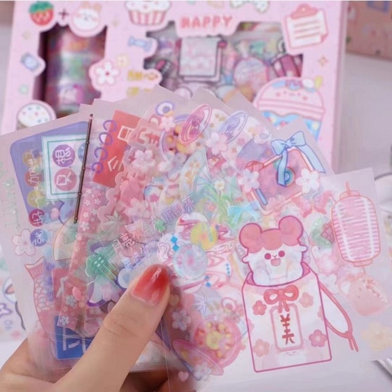 Hộp 18 món sticker + băng dính washi tape nhiều hình cute dễ thương trang trí sổ tay nhật ký đáng yêu đa năng CREAMY