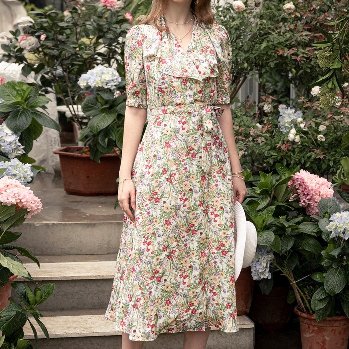 Đầm hoa xòe Emspo, giao cúc mở vạt, buộc nơ eo, cổ bẻ lá cổ bản to DM4008