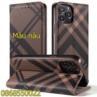 Bao da kiểu ví cao cấp hoạ tiết kẻ sang trọng iPhone 14 pro max/13 promax