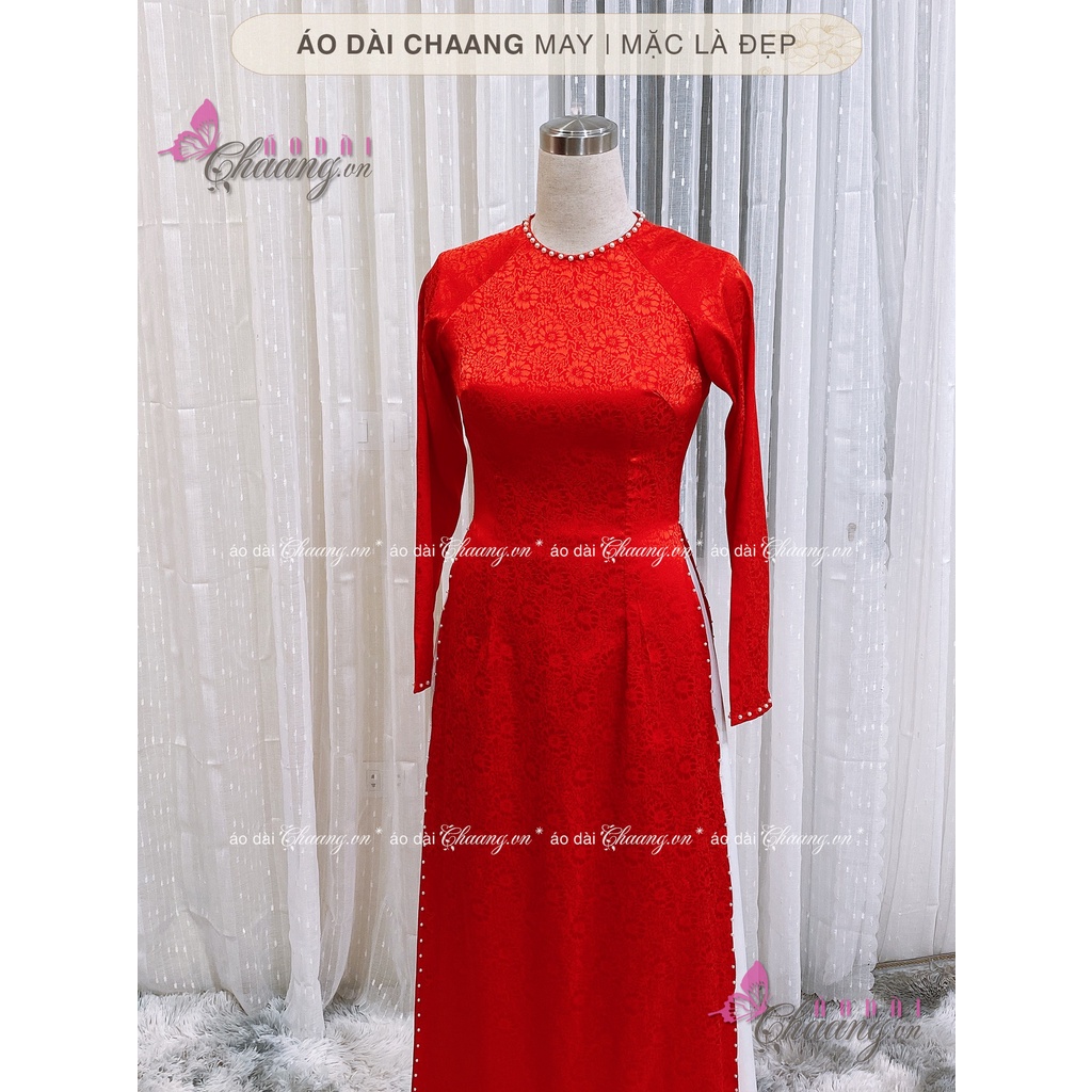 Áo dài cưới đẹp may sẵn áo dài cô dâu 4 tà cổ tròn gấm tơ hoa hồng cao cấp