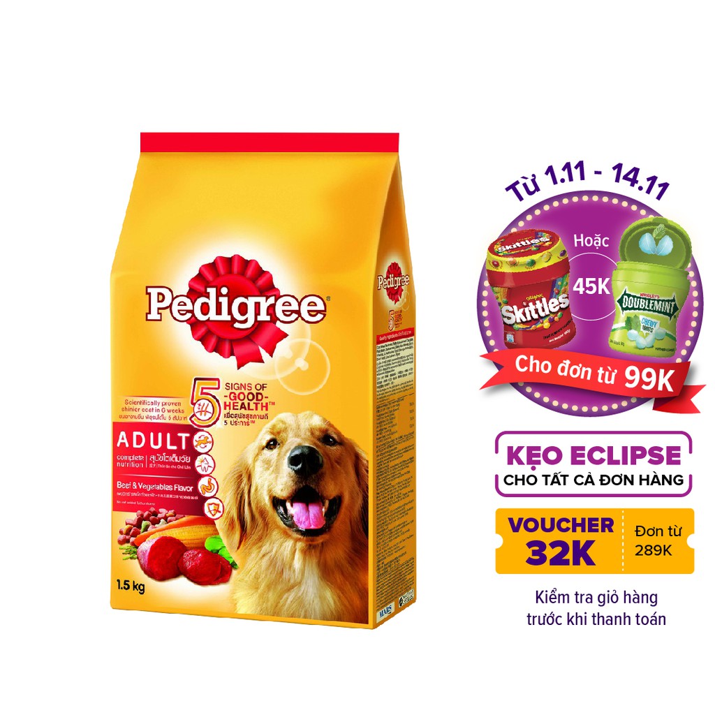 PEDIGREE® Thức ăn cho chó lớn dạng hạt vị bò và rau củ 1.5kg (1 túi)