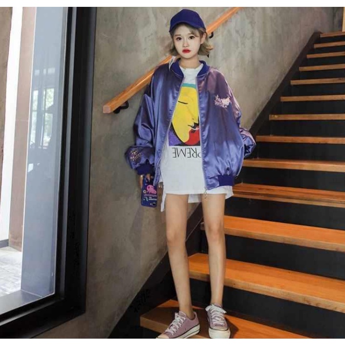 Áo Khoác Bomber Nữ Thêu Hoa Phong Cách Hip Hop