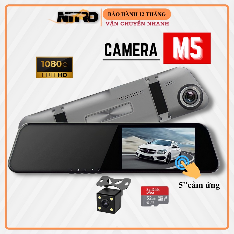Camera hành trình ô tô M5 dạng gương chiếu hậu màn cảm ứng 5inch FullHD 1đổi1 trong 12T