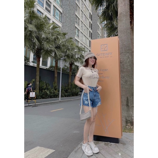 Áo THỎ GB cổ sơ mi nút thun gân tay ngắn cho Nữ - alohashop91