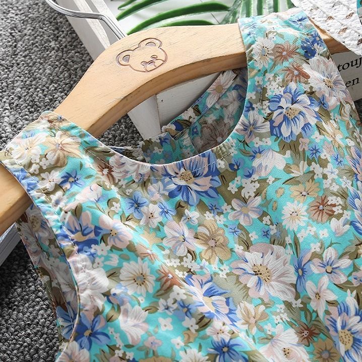 Đầm Công Chúa Không Tay In Hoa Bằng Vải Cotton Kèm Nón Dành Cho Bé Gái