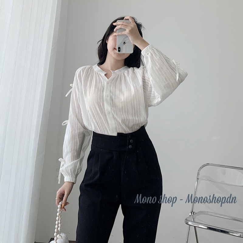 Áo sơ mi cổ tròn sọc ren dài tay cột nơ Ảnh thật/ sẵn