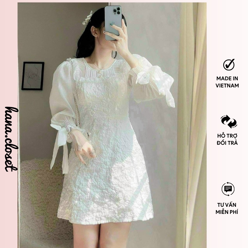 Đầm dự tiệc nữ váy gấm phối cổ voan trắng tay phồng phù hợp đi dự tiệc đi đám cưới phong cách hàn quốc