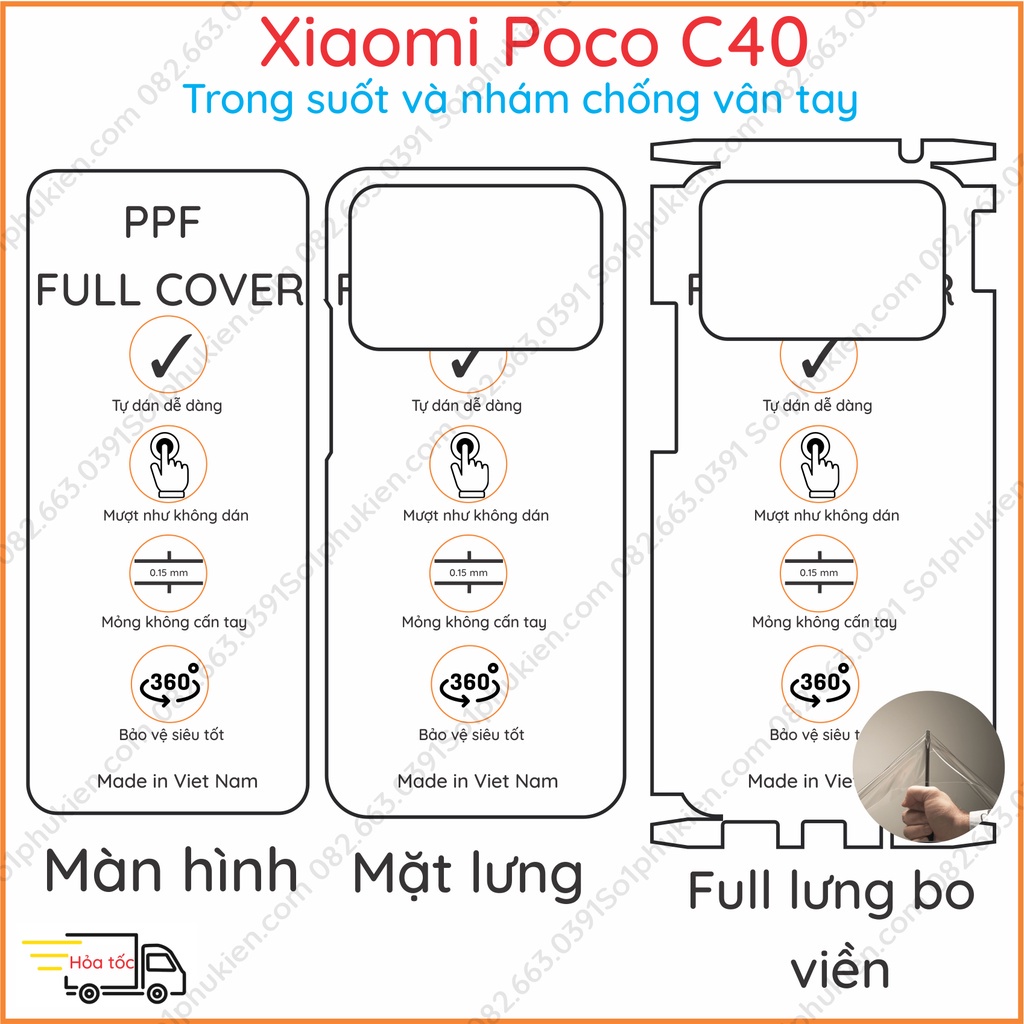 Dán PPF Xiaomi Poco C40 loại trong, nhám dành cho màn hình, mặt lưng, full lưng bo viền