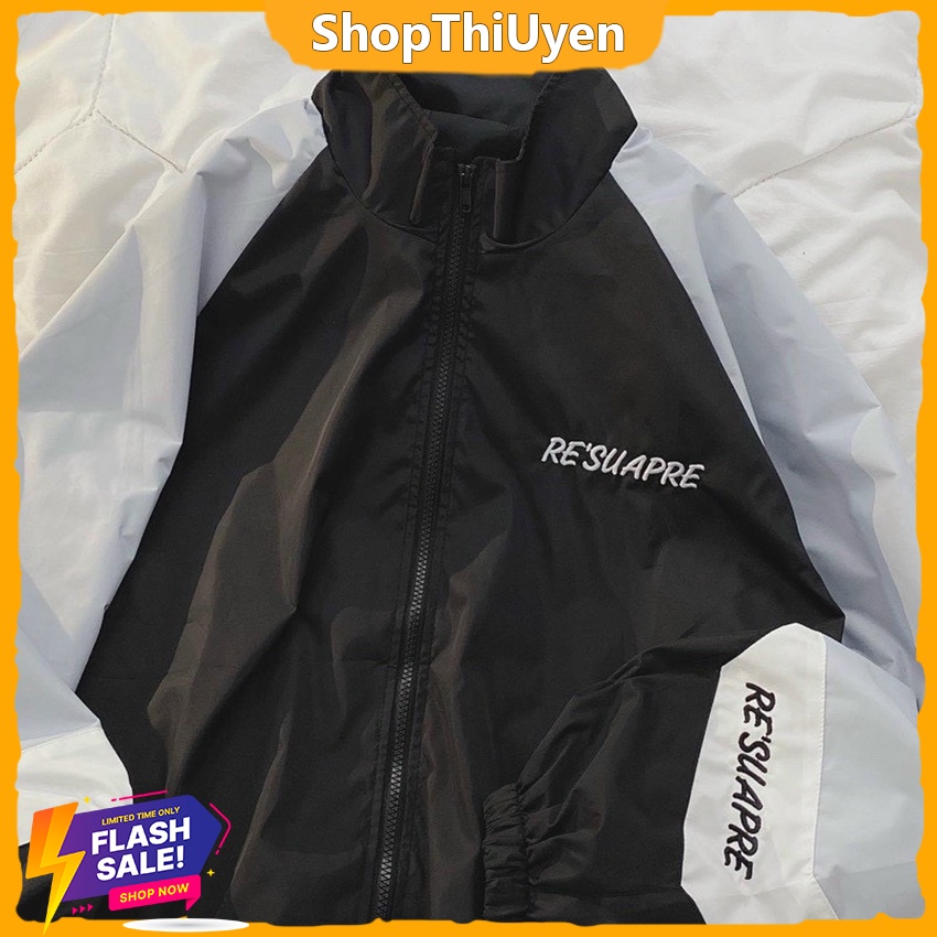 Áo khoác đen chống nắng unisex vải dù 2 lớp trơn chữ resuapre không mũ có túi tay bo