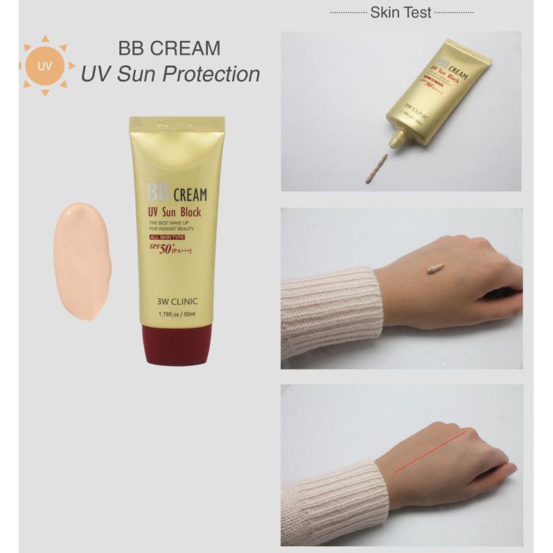 Kem nền trắng da giữ ẩm - Kem nền trang điểm chống nắng BB Cream 3W Clinic UV Sun Block BB Cream SPF50+/PA+++ 50ml | BigBuy360 - bigbuy360.vn