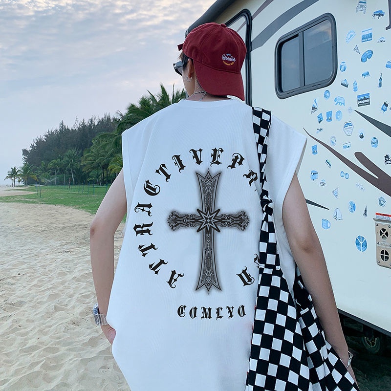 Áo Thun Sát Nách Dáng Rộng In Chữ Thập Phong Cách Hip Hop Thời Trang Đường Phố Cho Nam