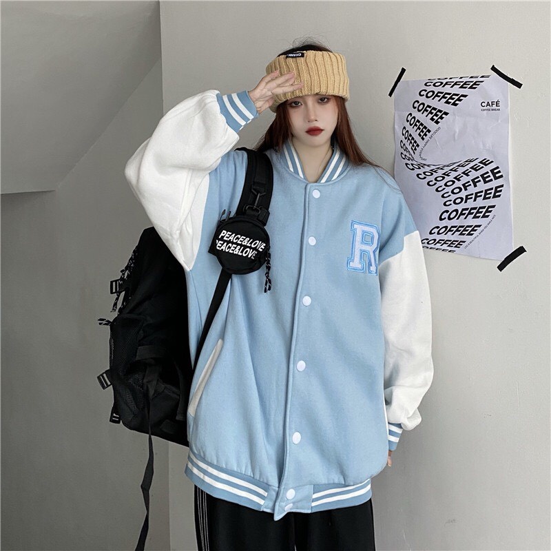 Bomber ❤️❤️ Áo khoác bomber nữ bóng chày varsity họa tiết chữ R xanh cao cấp nam nữ mùa đông vải nỉ hàn quốc giá rẻ