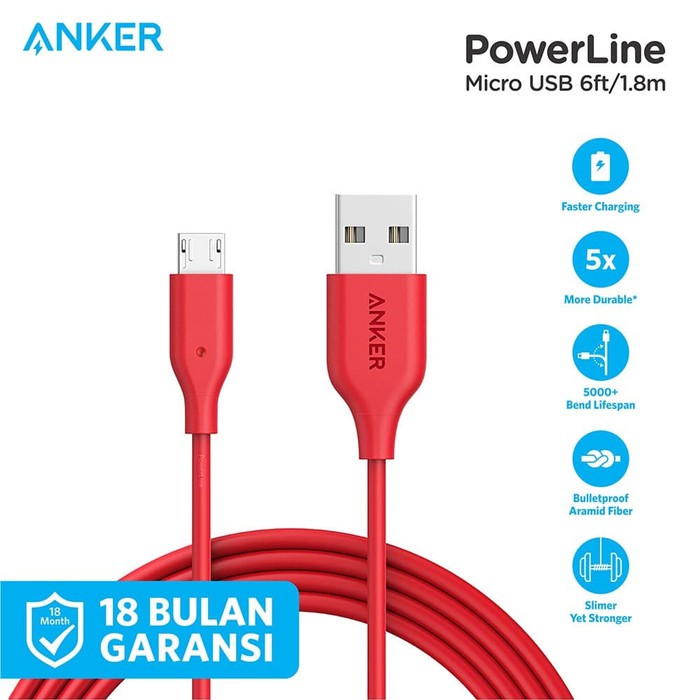 Anker Dây Cáp Sạc 6ft / 1.8m Micro Usb Red - A8133 Màu Xám